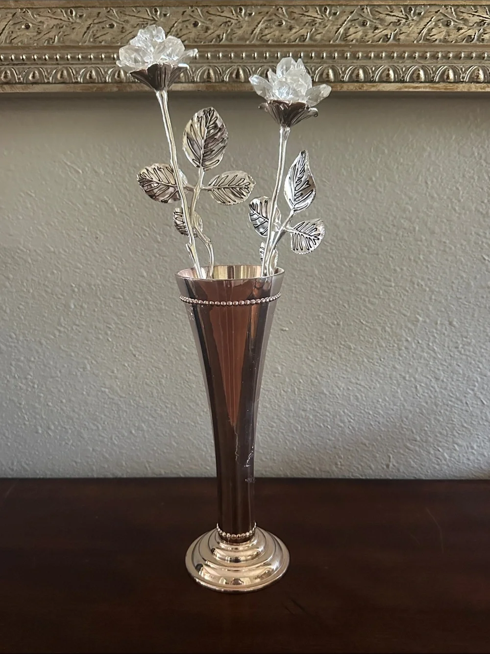 Vintage Godinger Silver Bud Vase with 2 Silver and Crystal Rose Stems